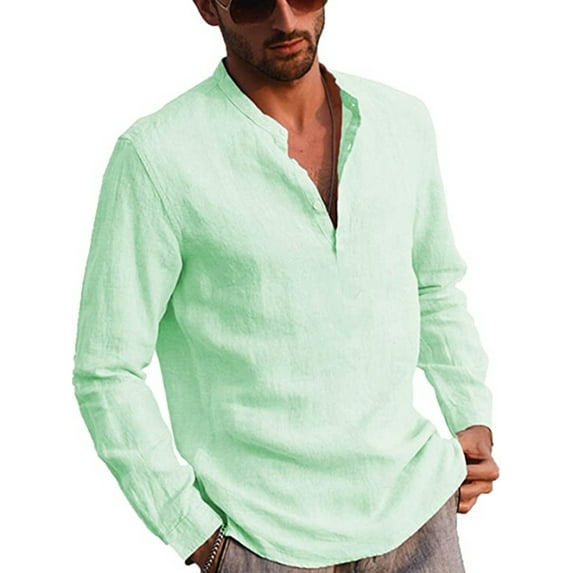 Caitzr Men's Long Sleeve T-Shirt Henley Collar Beach Yoga Loose Fit Tops Solid Color Blouse