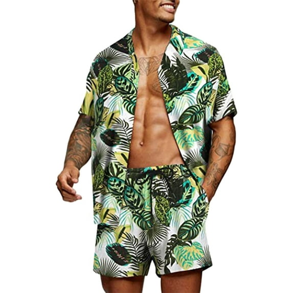 Caitzr Men's Printed Shirt Hawaiian Sets Casual Button Down Short Sleeve Shirt + Shorts Summer Beach Suit