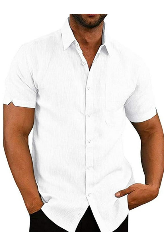 Men's Short Sleeve Shirt Casual Button Down Cotton Linen Loose Beach Wedding Shirt M-3XL