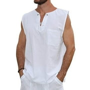 Caitzr Mens Cotton Linen T Shirt Sleeveless Henley Tops Casual Loose Tee Casual Breathable Soft