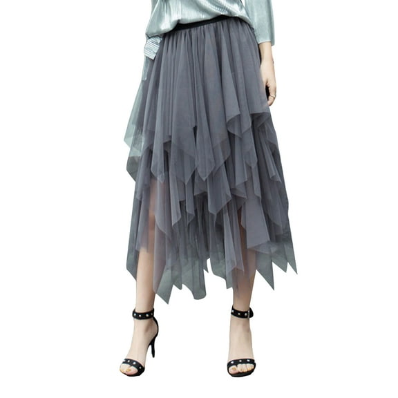 Caitzr Sexy Mesh Black Tulle Skirt for Women Girls Irregular Elastic Tulle Bubble Skirt Tiered Layered Tulle Tutu A-line Midi Skirt
