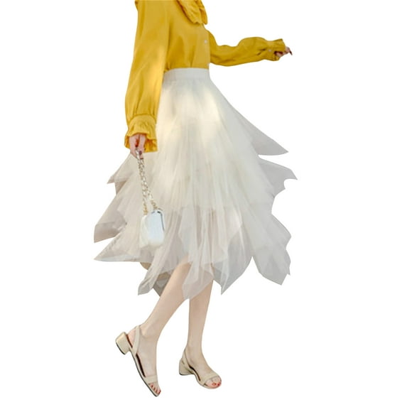 Caitzr Sexy Mesh Black Tulle Skirt for Women Girls Irregular Elastic Tulle Bubble Skirt Tiered Layered Tulle Tutu A-line Midi Skirt