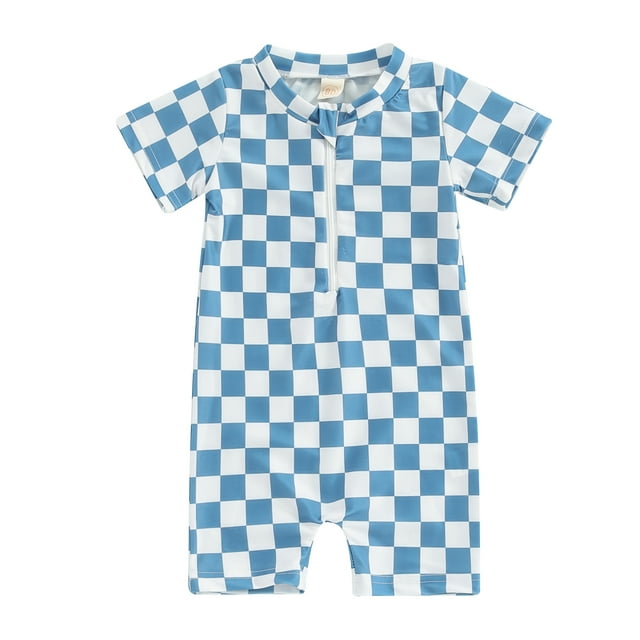 Caitzr Toddler Rash Guard Swimsuit Checkerboard Print Short Sleeve Zip