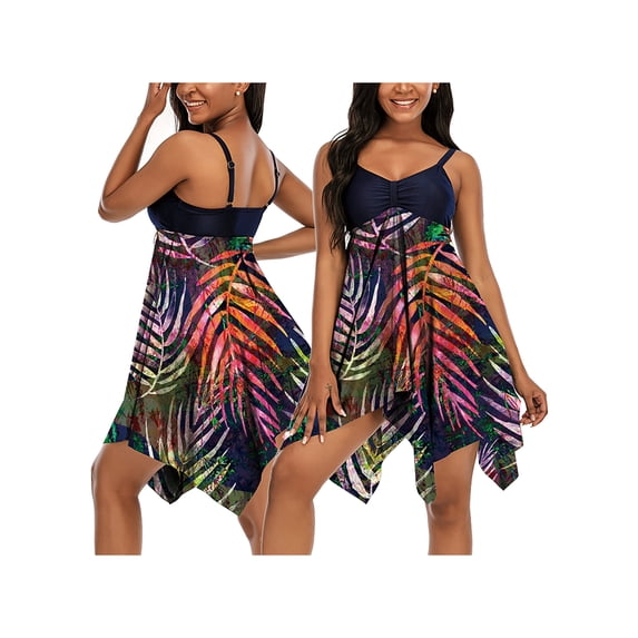 Two Piece Swim Dress Plue Size Swimsuit for Women Ruched Tummy Control Tankini Set V Neck Bathing Suit