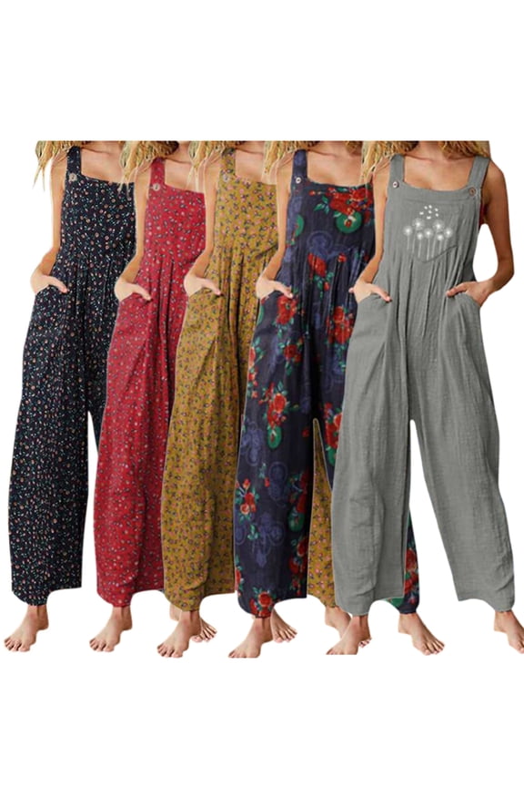 Women Boho Printed Casual Overalls Loose Baggy Bib Pants Jumpsuit Bohemian Wide Leg Overall Plus Size Tan S
