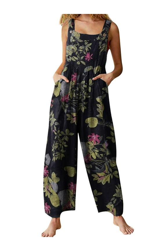 Women Boho Printed Casual Overalls Loose Baggy Bib Pants Jumpsuit Bohemian Wide Leg Overall Plus Size