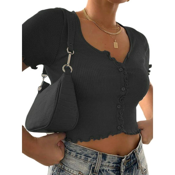 Caitzr Women Casual Skinny Crop Top Solid Color Ribbed Cloth Short Sleeve Round Collar T-shirt