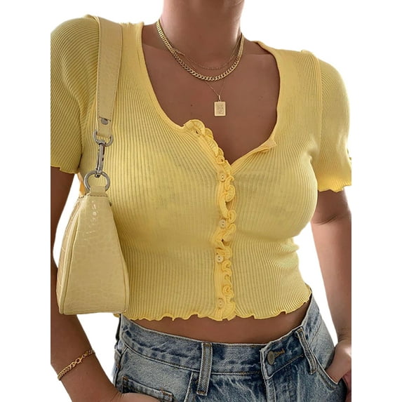 Caitzr Women Casual Skinny Crop Top Solid Color Ribbed Cloth Short Sleeve Round Collar T-shirt