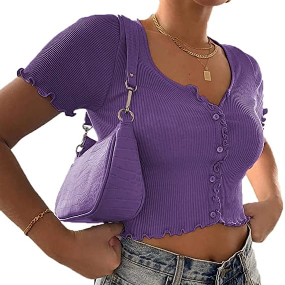 Caitzr Women Casual Skinny Crop Top Solid Color Ribbed Cloth Short Sleeve Round Collar T-shirt