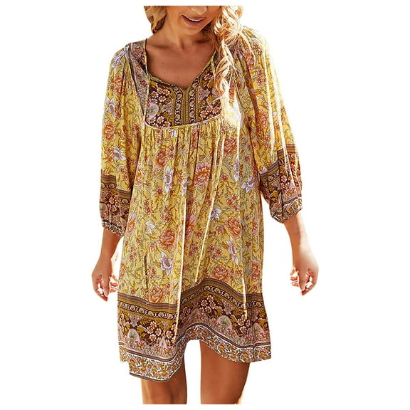 Caitzr Women Casual Summer 3/4 Long Sleeve Boho Dresses Loose V Neck Floral Print Dresses Bohemian Swing Dress