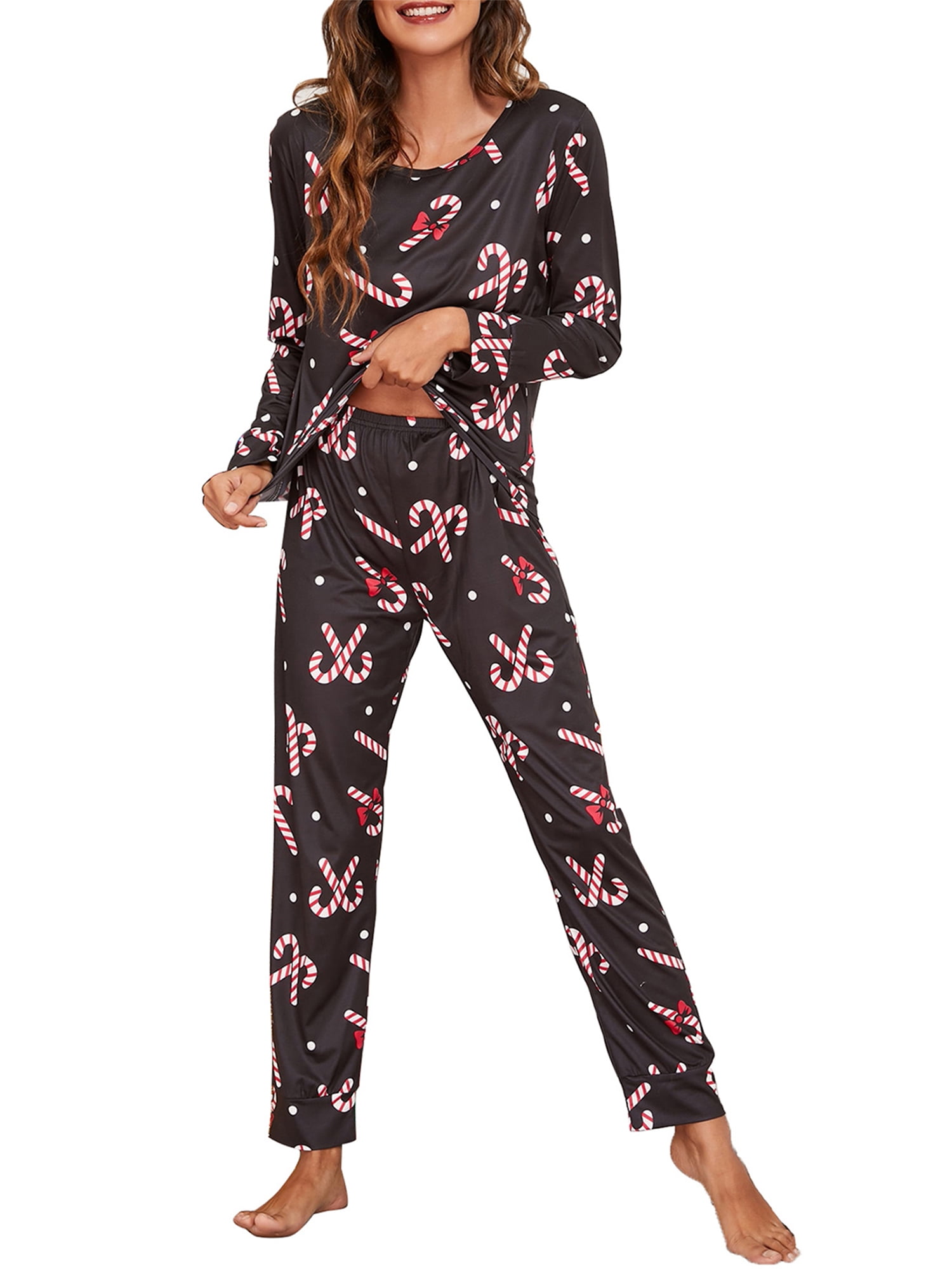 Caitzr Women Christmas Pajamas Set Candy Cane Print Tops Pants