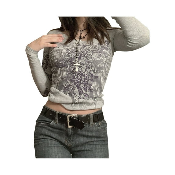 Caitzr Women Long Sleeve Crop Top Rhinestone Print T-Shirts Vintage Harajuku 90s Blouse Tees Streetwear