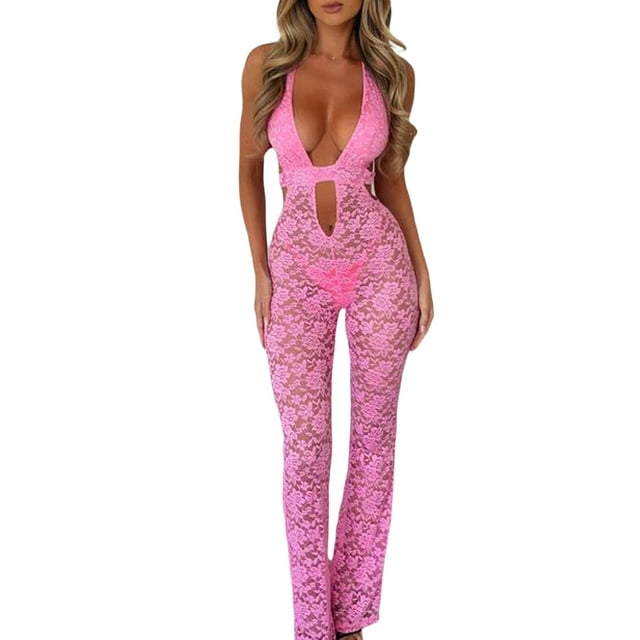 Caitzr Women One Piece Outfits Mesh Sheer Bodycon Jumpsuit Sleeveless See Through Party Jumpsuits