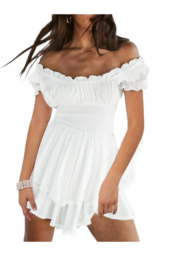 Women Puff Ruffle Dress Off Shoulder Romper Dress Flowy Layered Pirate Jumpsuit Summer Dress