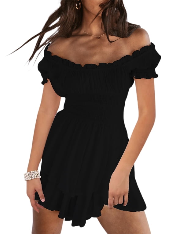 Women Puff Ruffle Dress Off Shoulder Romper Dress Flowy Layered Pirate Jumpsuit Summer Dress