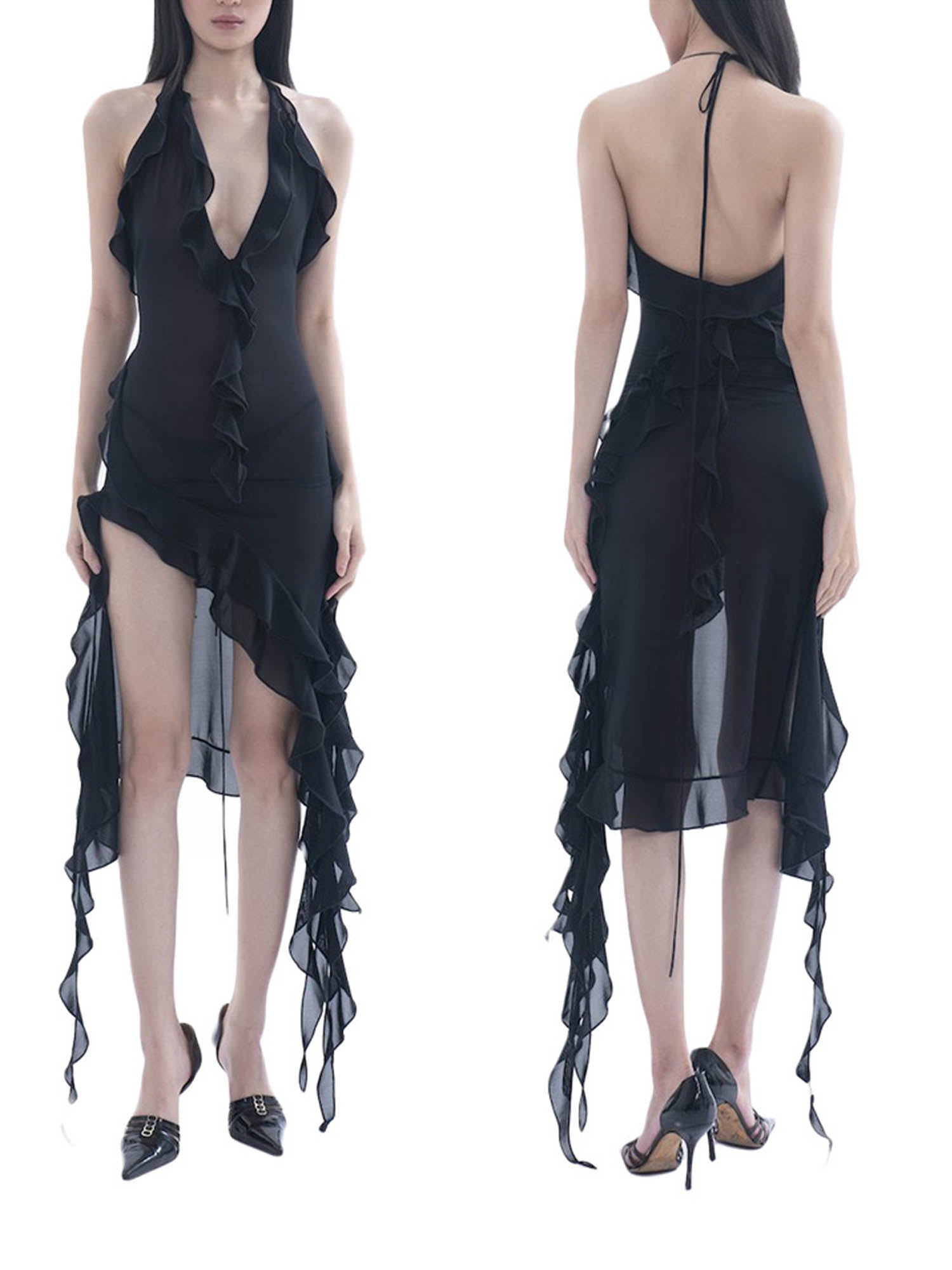 Women's Elegant Gradient Colored Print Mesh Ruffled Bodycon Maxi Dress main image 1
