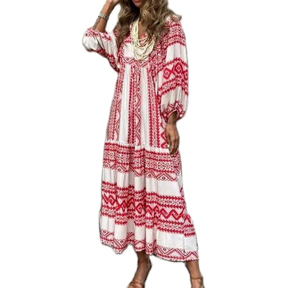 Caitzr Women Short Puff Sleeve V Neck Maxi Dress Summer Boho Floral Printed Dress Smocked Tiered Sundress