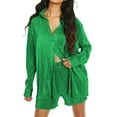 thumbnail image 1 of Argulvti Women Solid Color Ruched Long Sleeve Button Down Shirts with Shorts Suit, 1 of 3