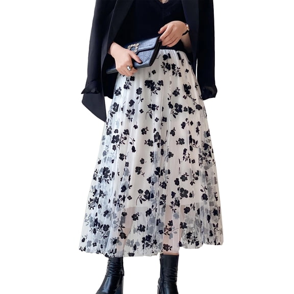 Caitzr Women Tutu Tulle Skirt Elastic High Waist Layered Skirt Floral Print Mesh A-Line Midi Skirt