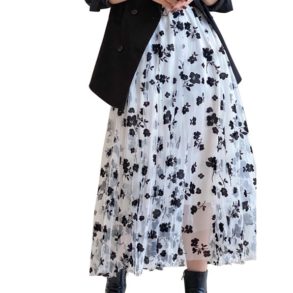 Caitzr Women Tutu Tulle Skirt Elastic High Waist Layered Skirt Floral Print Mesh A-Line Midi Skirt