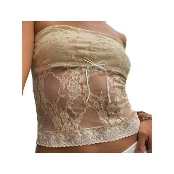 Caitzr Women Y2K Backless Crop Top Vintage Sexy Tie Up Lace Tube Camisole Tops Summer Cute Mini Vest E-Girl Streetwear