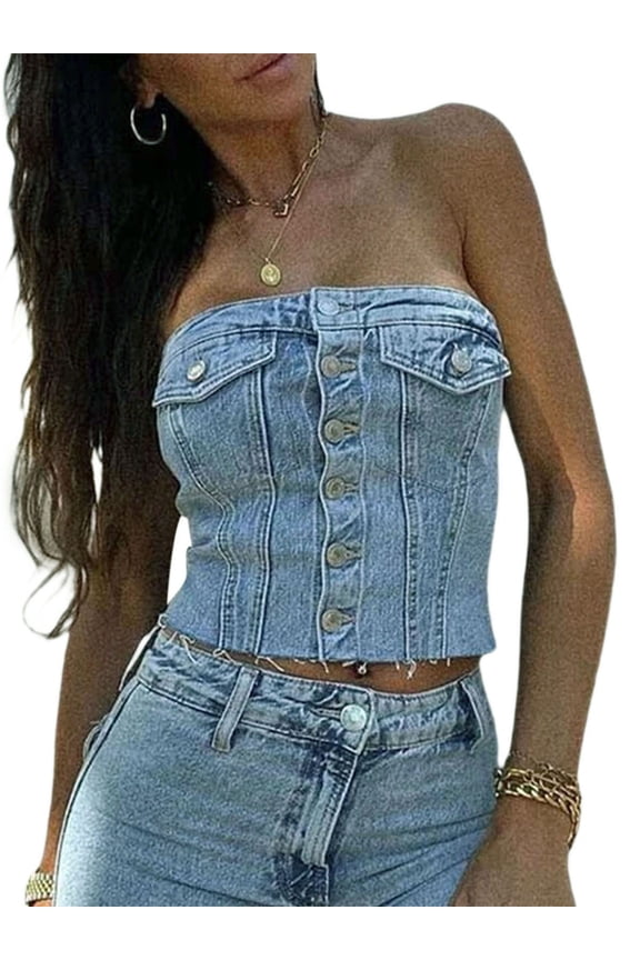 Women Y2K Denim Crop Top Vest Chic Backless Off Shoulder Strapless Corset Tube Top Sexy Button Up Jeans Camisole Top