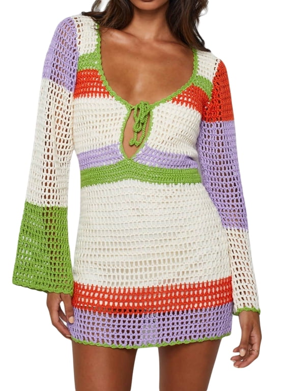 Women Y2k Crochet Knitted Mini Dress Long Sleeve Colorful Bodycon Dresses Slim Fit Dress Beach Clubwear