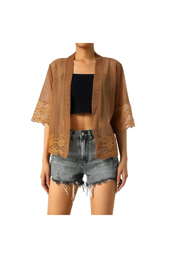 Women's Casual Lace Cardigan Summer Lightweight Crochet Floral Short Sleeve Shrugs Mesh Sheer Bolero Cover Up