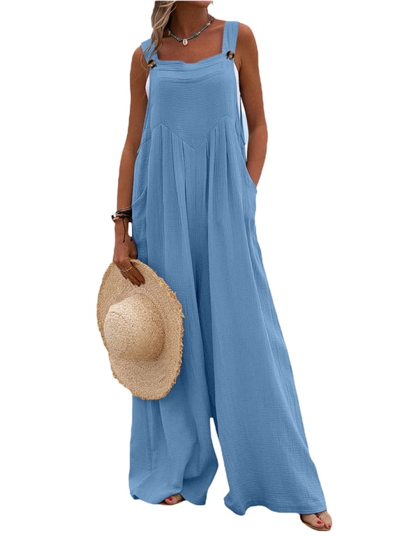 Women's Casual Loose Sleeveless Jumpsuits Long Baggy Pants Rompers Jumpsuits with Pockets