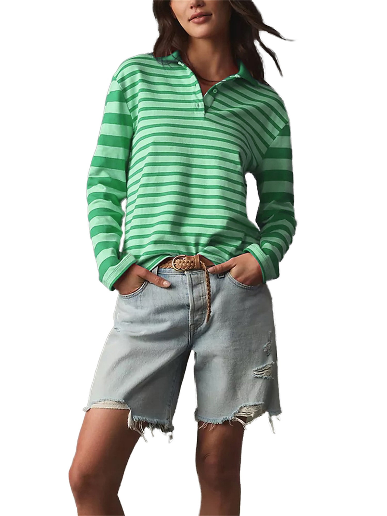 Caitzr Women's Lapel Collar Tops Long Sleeve Button Front Stipes T