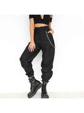 Women Men Cargo Pants Harajuku Chain Pockets Ankle Trousers High Waist Chain  Hip-hop Punk Black