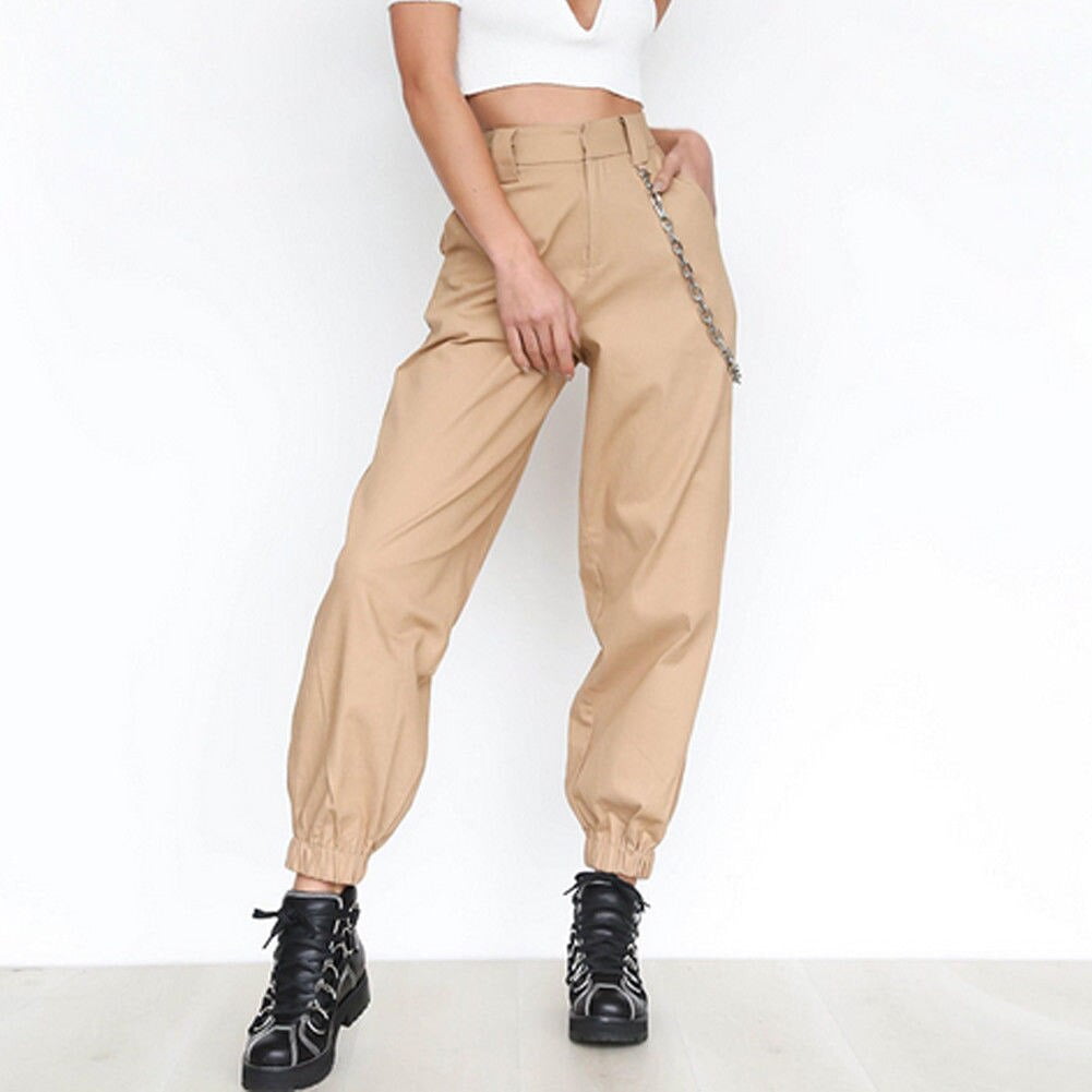 Amazon.com: RFXZSAQD Women Casual Black Cargo Pants, High Waist Buckle Chain  Pants, Spring Streetwear Loose Trousers : Clothing, Shoes & Jewelry