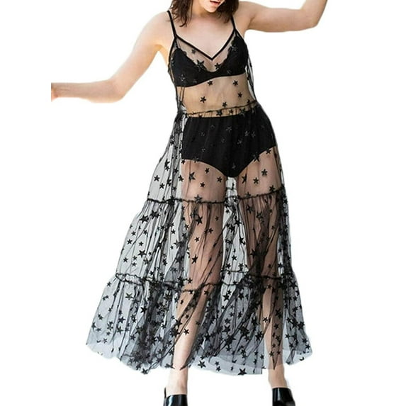 Caitzr Women's See Through Sheer Mesh Cover Up Maxi Dress Strappy Star Lace Beach Dresses Swimwear Bikini Bathing Suit Coverups