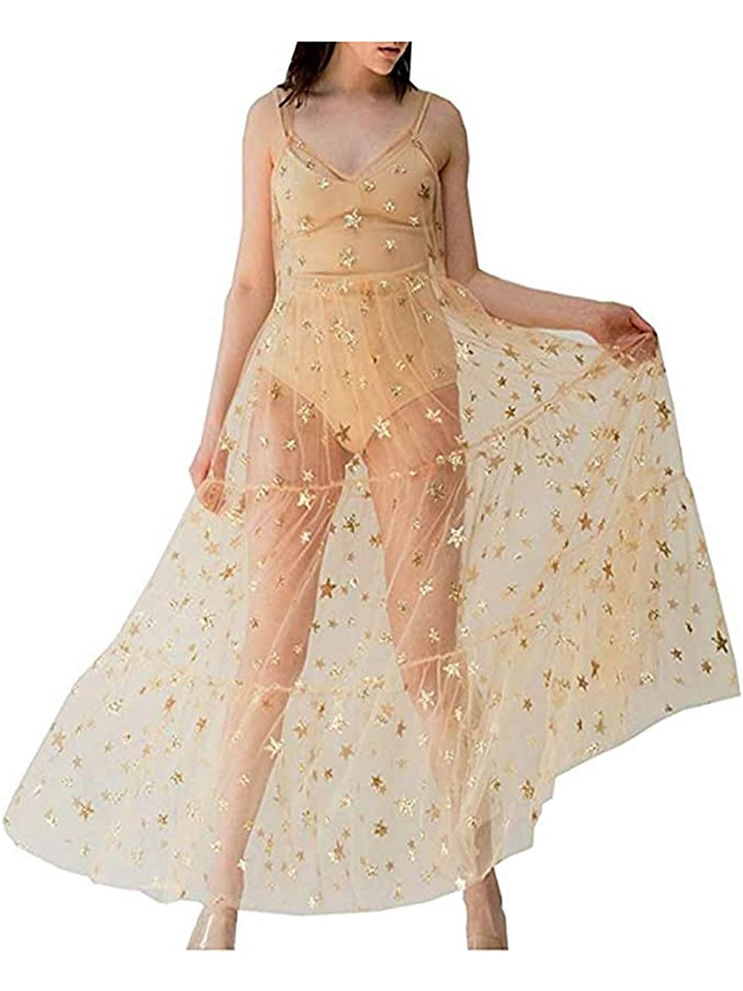 Caitzr Women's See Through Sheer Mesh Cover Up Maxi Dress Strappy Star Lace Beach  Dresses Swimwear Bikini Bathing Suit Coverups - Walmart.com