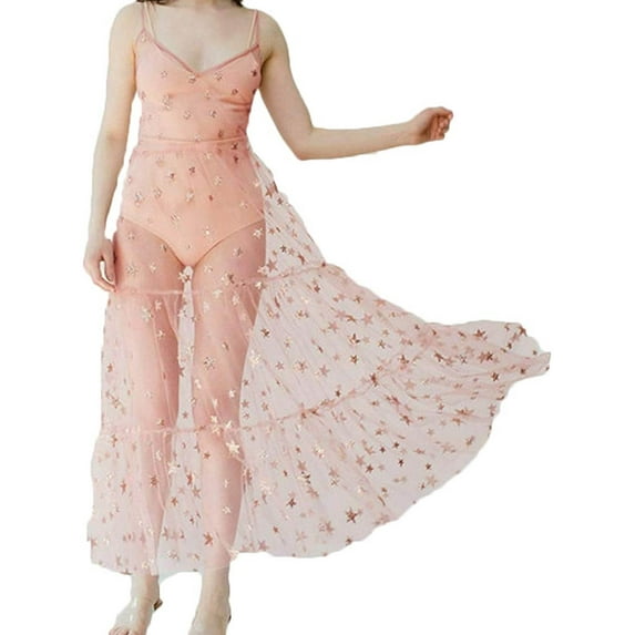 Caitzr Women's See Through Sheer Mesh Cover Up Maxi Dress Strappy Star Lace Beach Dresses Swimwear Bikini Bathing Suit Coverups