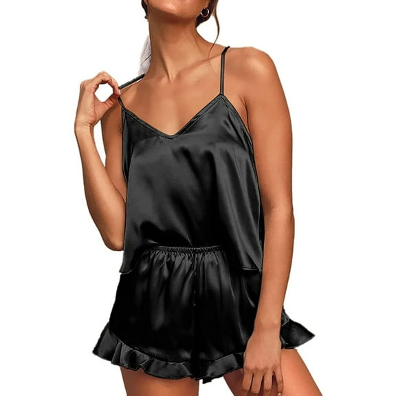 Caitzr Women's Sexy Silk Satin Pajamas Set V Neck Cami Top Ruffled Shorts Sets 2 Piece Pajamas PJs Sets