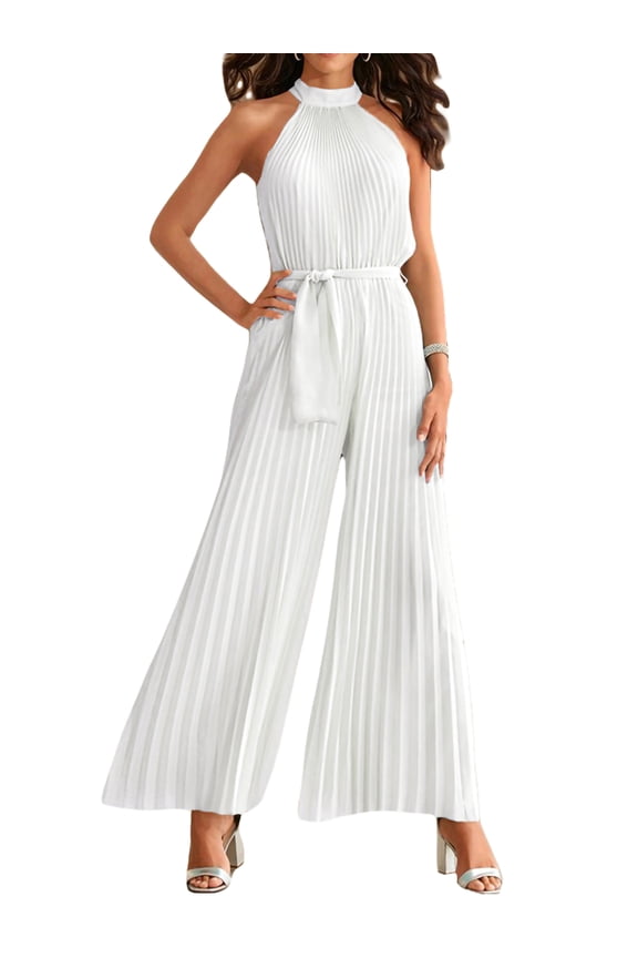 Women's Sexy Summer Jumpsuit Sleeveless Halter Back Keyhole Waist Bandage Pleated Wide Leg Palazzo Pants Romper