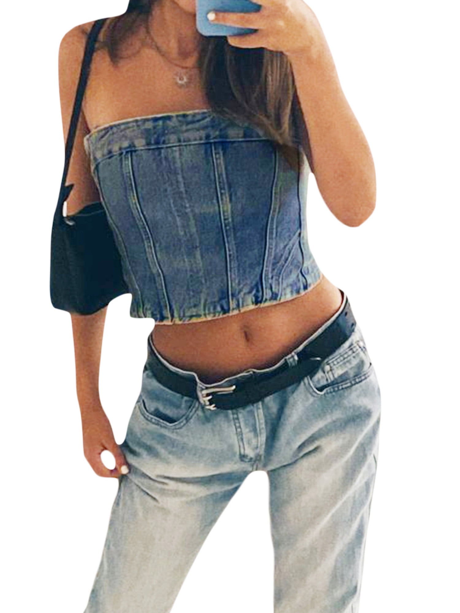 Caitzr Women s Sleeveless Denim Corset Top Backless Off