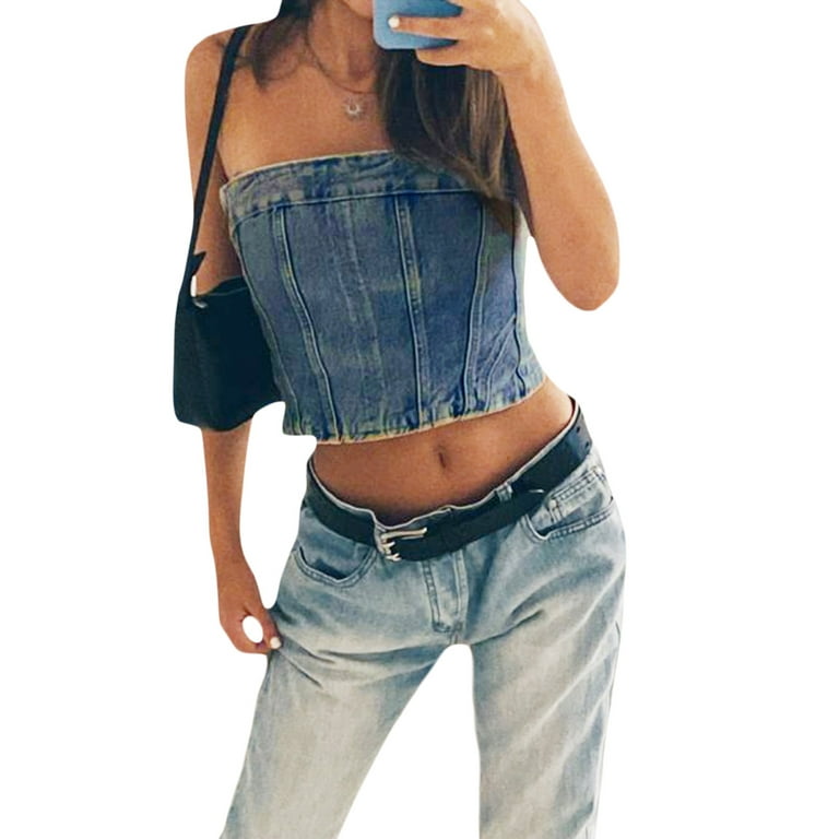 Caitzr Women's Sleeveless Denim Corset Top Backless Off Shoulder Crop Top  Jeans Cami Tube Top 