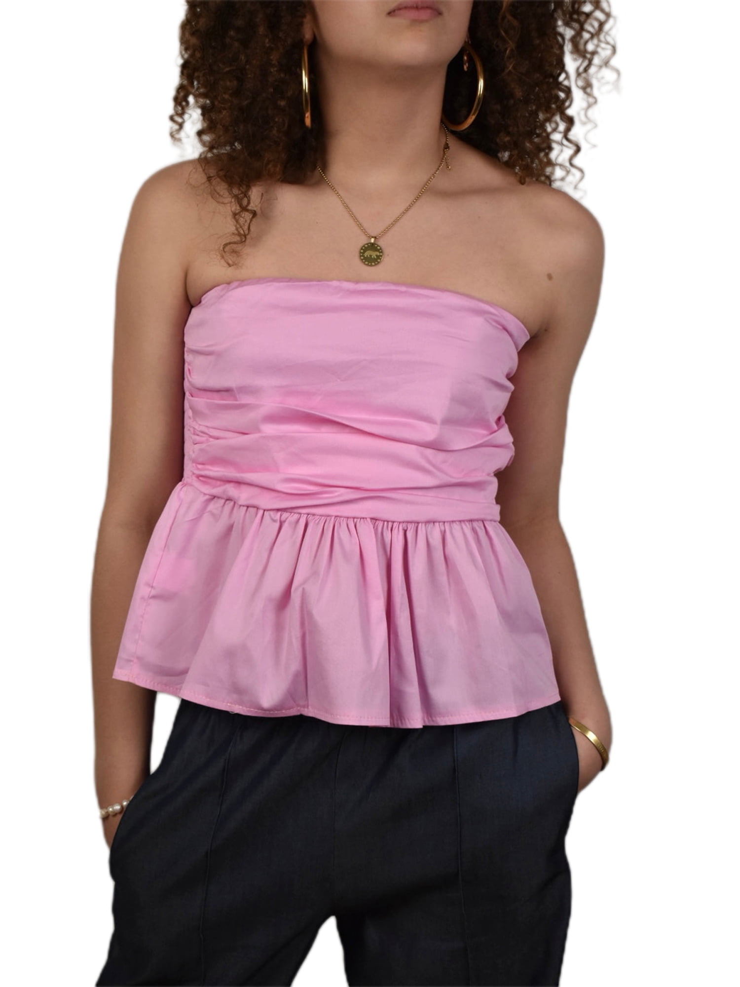 Caitzr Women's Slim Tube Tops Solid Color Ruched Low Cut Peplum Tops