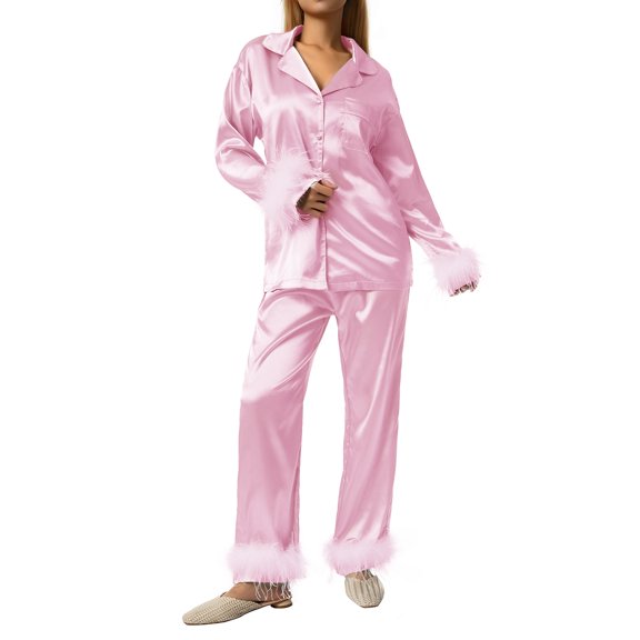 Caitzr Womens Silk Satin Pajamas Loungewear Feather Decoration Two-piece Sleepwear Lapel Button Down Pjs Set