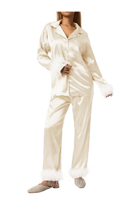 Womens Silk Satin Pajamas Loungewear Feather Decoration Two-piece Sleepwear Lapel Button Down Pjs Set