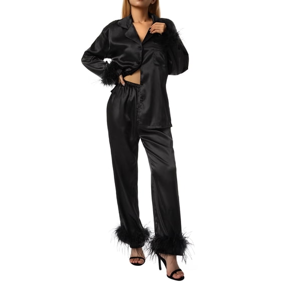 Caitzr Womens Silk Satin Pajamas Loungewear Feather Decoration Two-piece Sleepwear Lapel Button Down Pjs Set