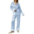 thumbnail image 1 of Caitzr Womens Silk Satin Pajamas Loungewear Feather Decoration Two-piece Sleepwear Lapel Button Down Pjs Set, 1 of 6