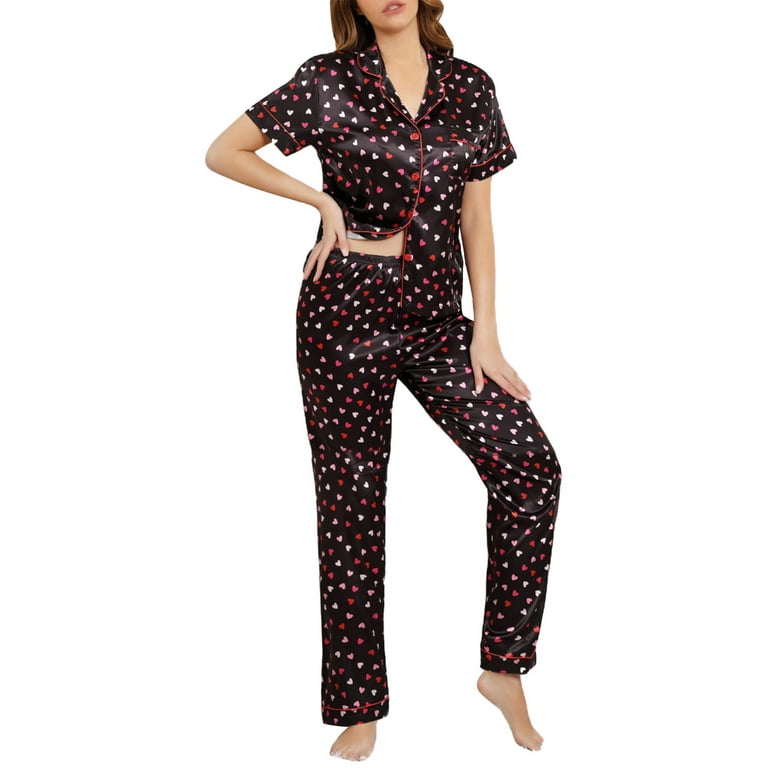 Caitzr Womens Silk Satin Pajamas Short Sleeve with Long Pants Loungewear Two Piece Sleepwear Button Down Pj Set Walmart