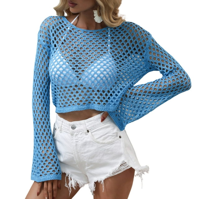 Caitzr Womens Y2k Mesh Crochet Crop Top Sexy Long Sleeve Hollow Out See Through Knit Bikini 2372