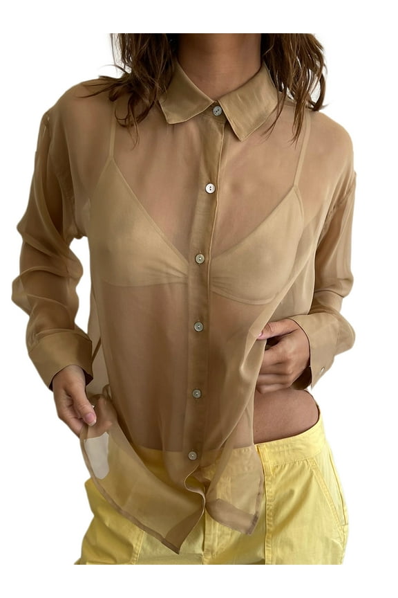 Y2K Sheer Button Up Blouse Shirt for Women Long Sleeve Lapel V Neck Mesh Crop Top Vintage See Through Basic Tee Streetwear