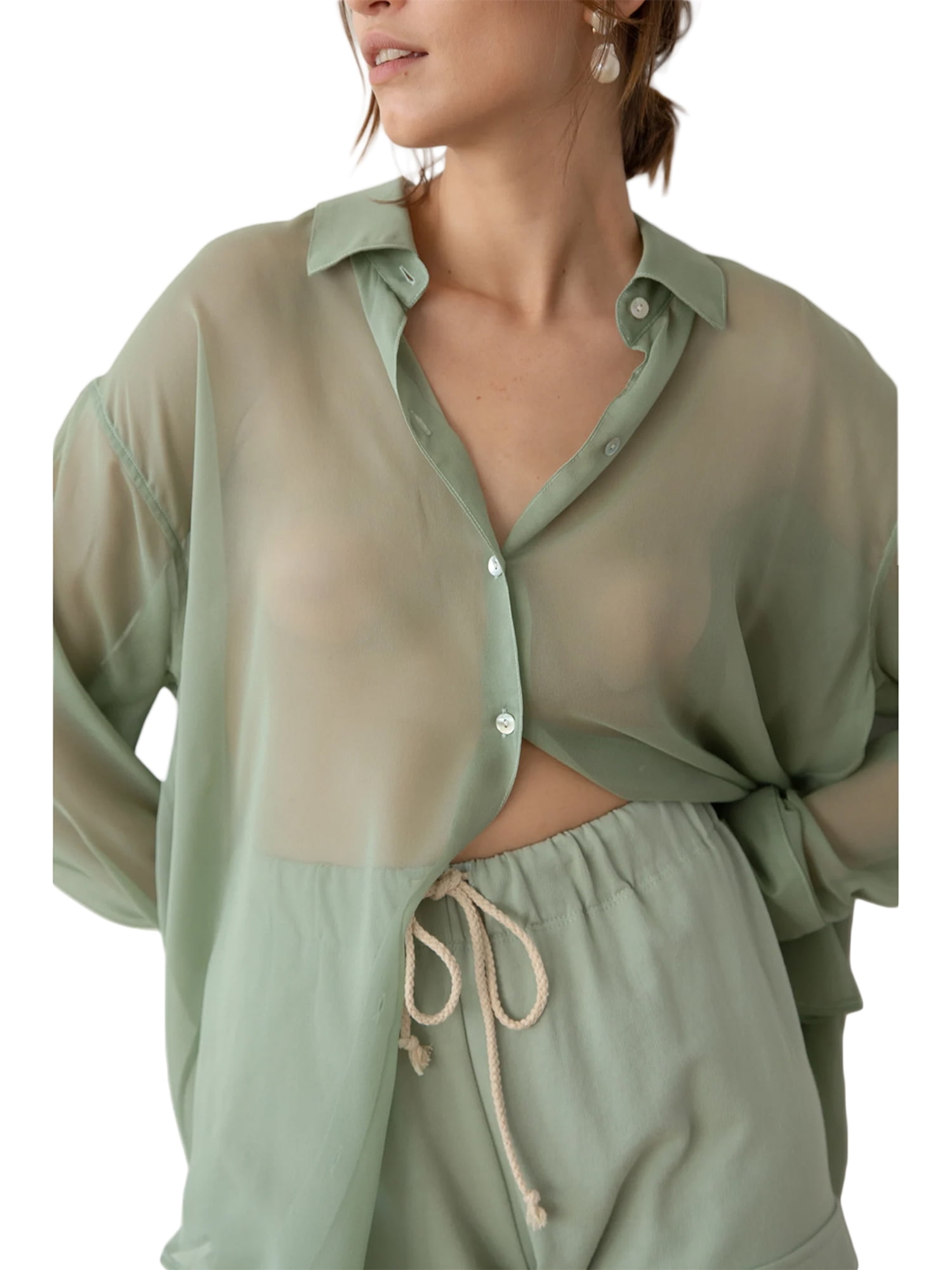 Caitzr Y2K Sheer Button Up Blouse Shirt for Women Long Sleeve