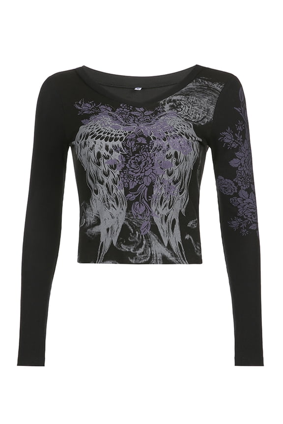 Y2k Long Sleeve Crop Top for Women Face Portrait Graphic Print Tees Shirts E-Girls Vintage Harajuku Streetwear