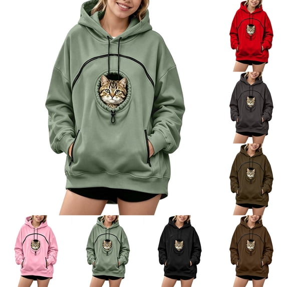 Caixia Cat Peephole Window Carrier Hoodie - Pet Holder Sweatshirt with Circular Zipper Opening, Oversized Fit for Small Pet Transport